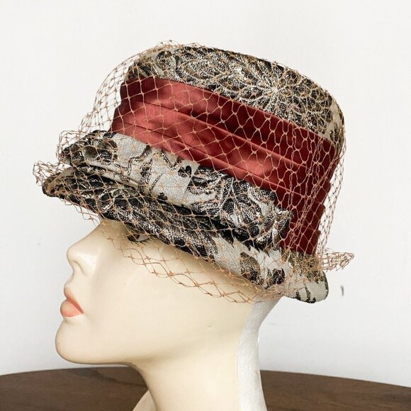 Vintage Gold Lamé Floral Net Detail Bucket Hat S main image 4